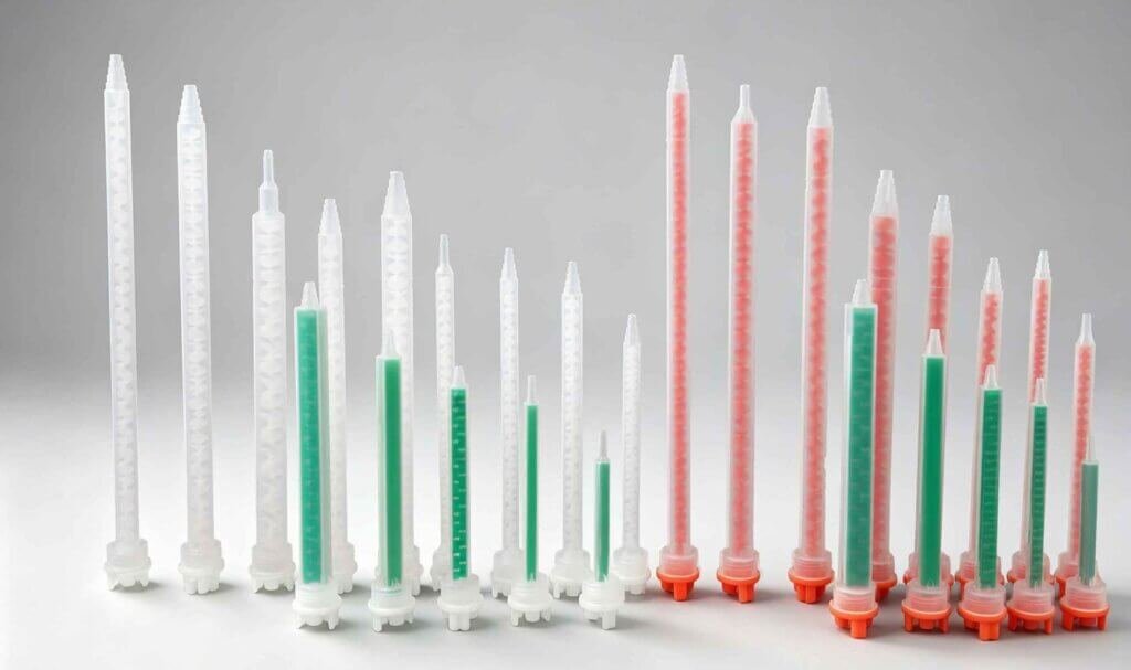 Helical spiral static mixer product lineup for 2K adhesive mixing