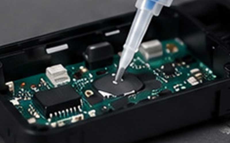 Epoxy mixing nozzle dispensing two-part epoxy adhesive for electronics bonding